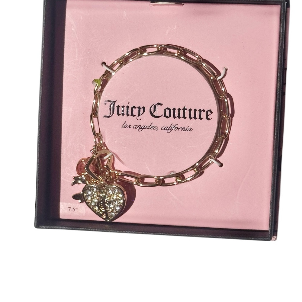 NIB Juicy Couture Gold Rhinestone Heart Bracelet with Pink Sparkling Charms